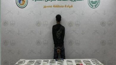 حرس حدود عسير يوقف مهرب إثيوبي يحمل 36 كيلوجراما من القات المخدر في عملية أمنية ناجحة